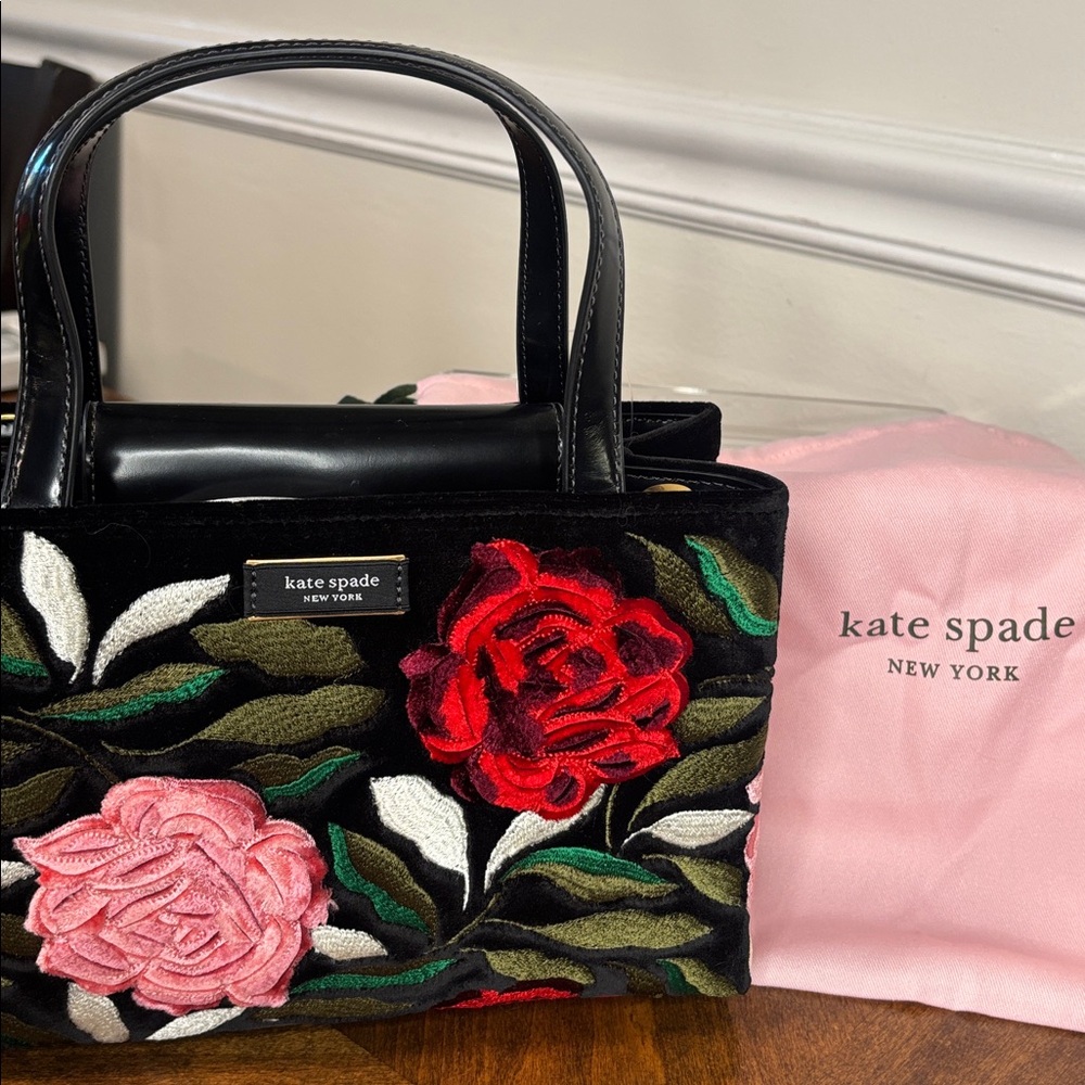 KATE SPADE Sam Icon Rose Garden Embroidery Embellished Velvet Tote - Picture 9 of 12